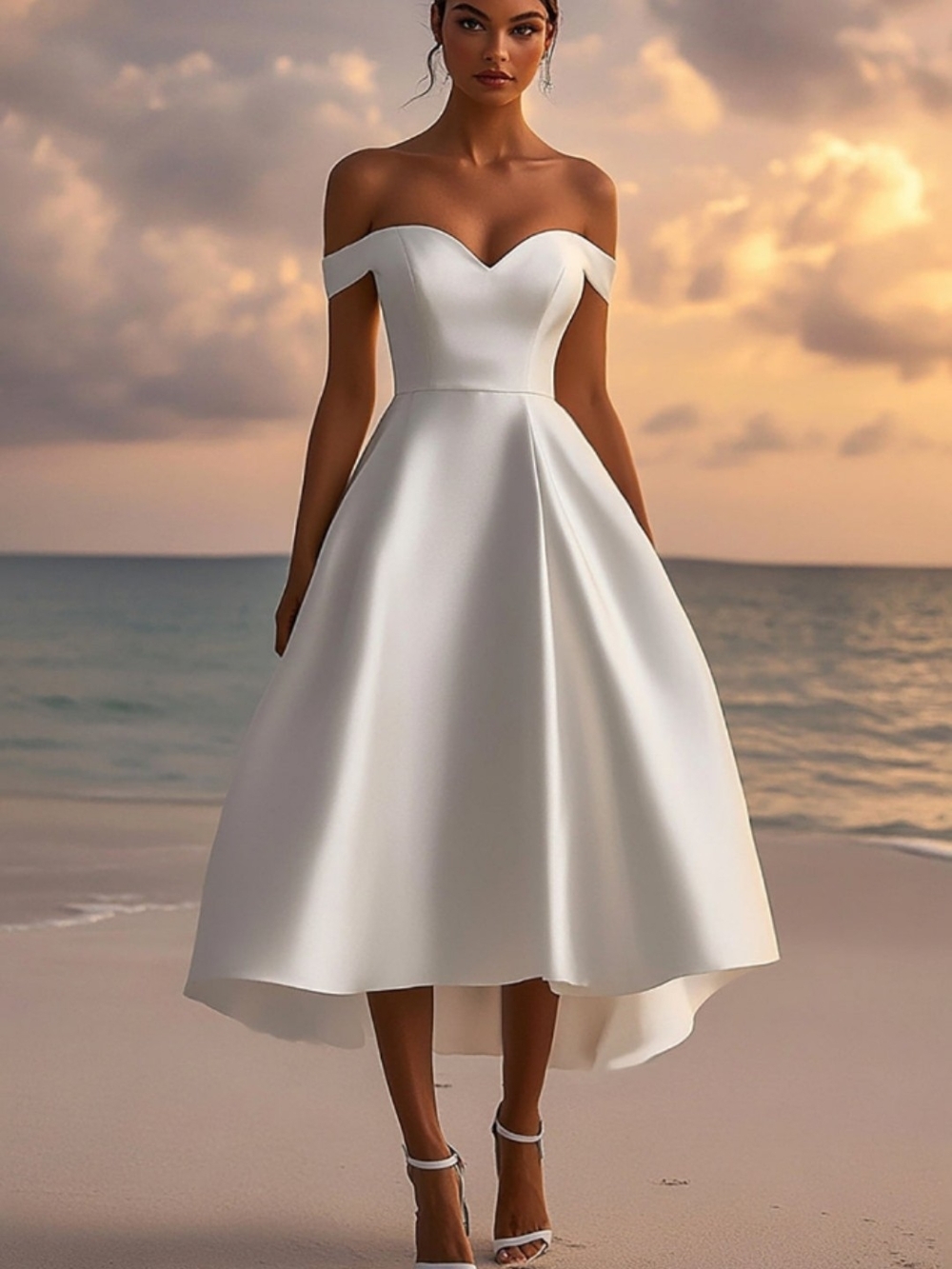 Elegant Off-Shoulder White High-Low Midi Dress